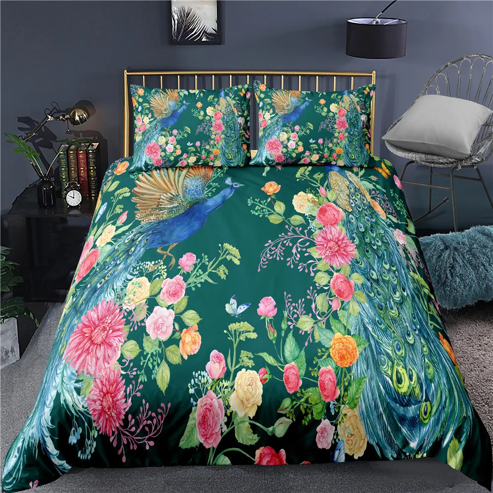 

Bedding Set King Size Crane Peacock Feather Floral Pattern Romantic Polyester Quilt Cover Peacock Duvet Cover Plum Blossom Decor