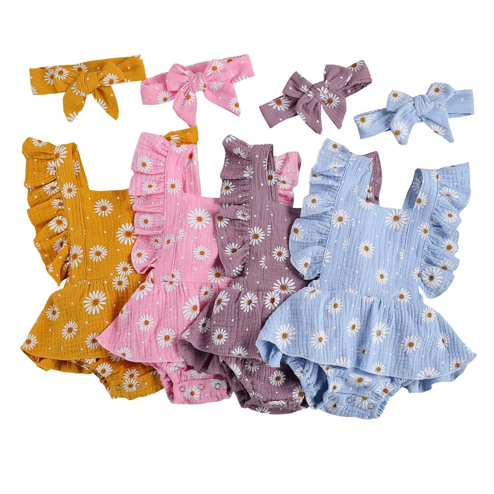 

Toddler Girls Daisy Romper, Floral Top Sleeveless Pleated Crotch Buttons Summer Skirt Flouncing Bowknot Headband