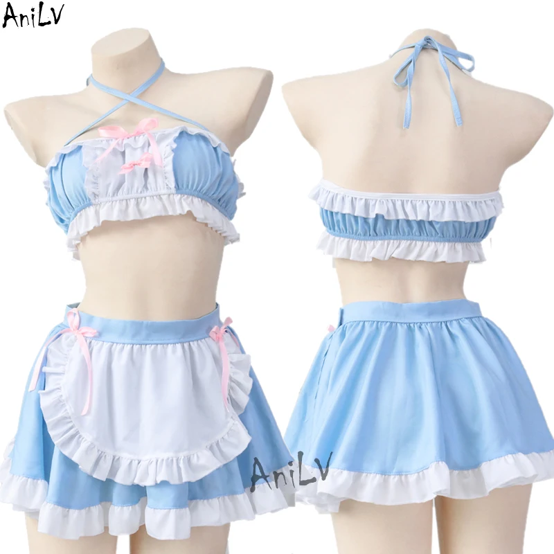 

AniLV Kawaii Girl Anime Cafe Clerk Maid Unifrom Outfits Women Cute Lolita Blue Pajamas Pool Party Waiter Costumes Cosplay