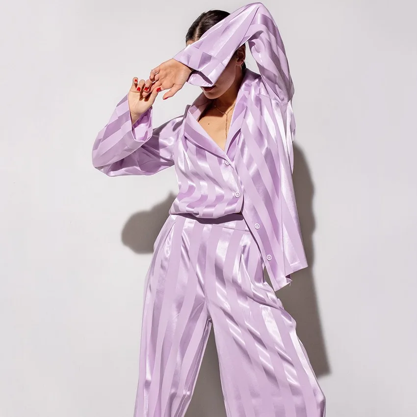 

Повседневная фиолетовая пижама в полоску, Пижамный костюм, Шелковый Атласный пижамный комплект, женская одежда для сна, домашняя одежда Secret