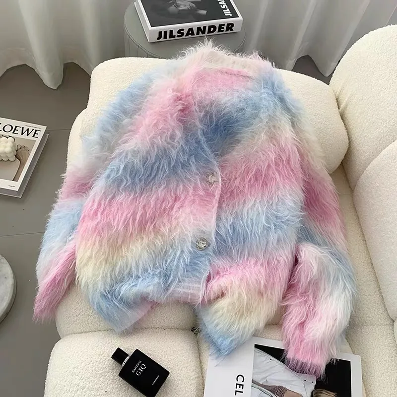 Rainbow Gradient Color Striped Mink Cashmere Sweater Coat Mohair Knitted Cardigan Diamonds Buttons Autumn Winter Knitwear Tops
Rainbow Gradient Color Striped Mink Cashmere Sweater Coat Mohair Knitted Cardigan Diamonds Buttons Autumn Winter Knitwear Tops