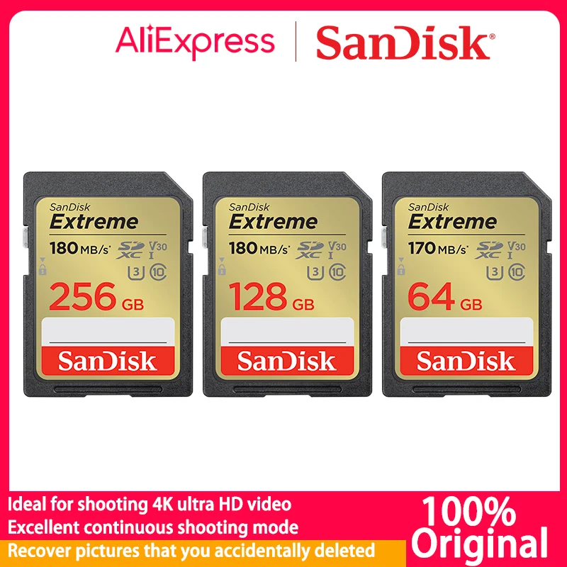 

Карта памяти SanDisk Extreme SD Card 4K UHD 32 Гб SDHC 64 Гб 128 ГБ 256 ГБ SDXC C10 U3 V30 до 180 м/с для 3d-full HD камеры 1080p