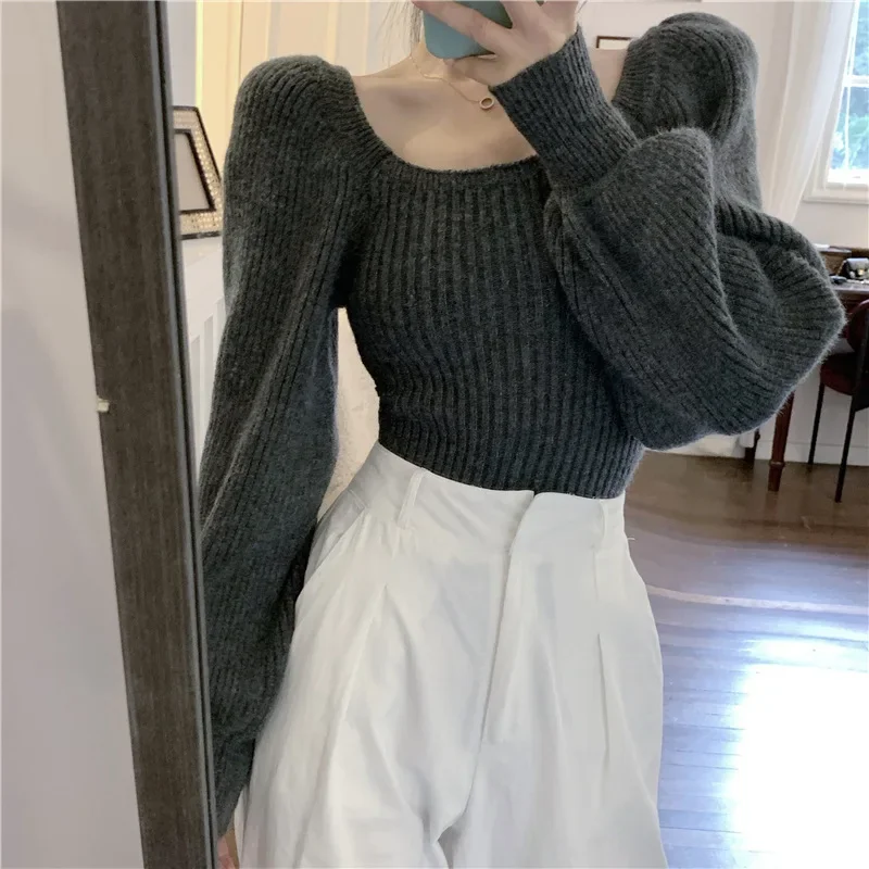 

Slim Fit Knitted Sweaters Women's Clothing Short 2021 Autumn and Winter New Square Collar Lantern Sleeve Pullover Base Smock Top