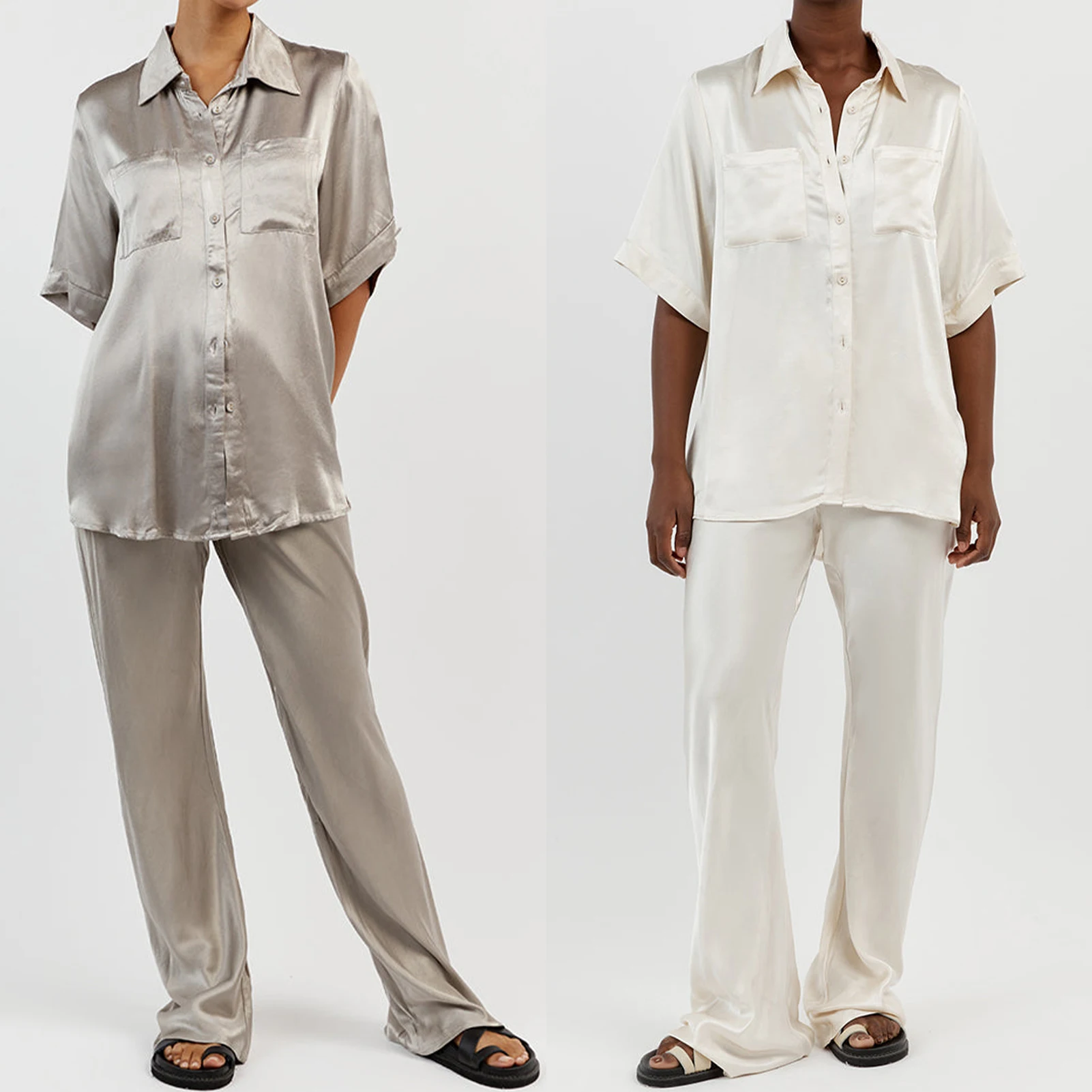 Women Short Sleeve Shirt & Pant Suit Casual Satin Top & High Waist Pant Soft Solid Color Chic Lapel Daily Commuting Suit
Women Short Sleeve Shirt & Pant Suit Casual Satin Top & High Waist Pant Soft Solid Color Chic Lapel Daily Commuting Suit