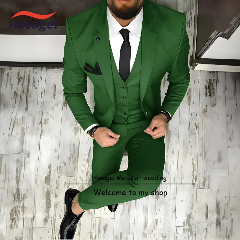 

Мужской деловой костюм, зеленый пиджак, жилет и брюки, комплект из 3 предметов, деловой облегающий костюм, Свадебный мужской блейзер для смокинга