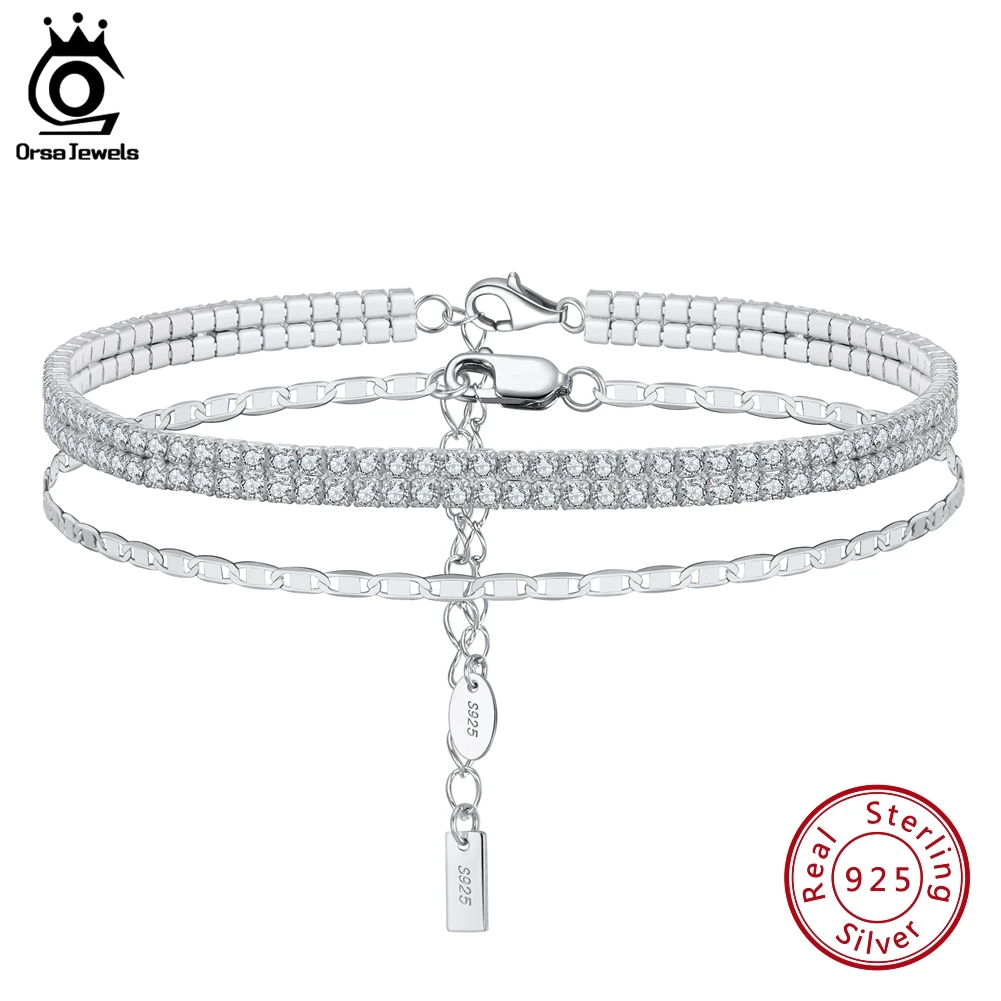 

ORSA JEWELS 925 Sterling Silver Italian Sparkle Mirror Link & 2 Rows Tennis Chain Anklet Jewelry for Women Birthday Gift SA20+29