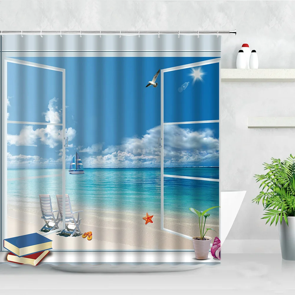 

Shower Curtain 3D Open Window Ocean Beach Starfish Shell Palm Tree Scenery Tropical Landscape Waterproof Bathroom Decor Curtains