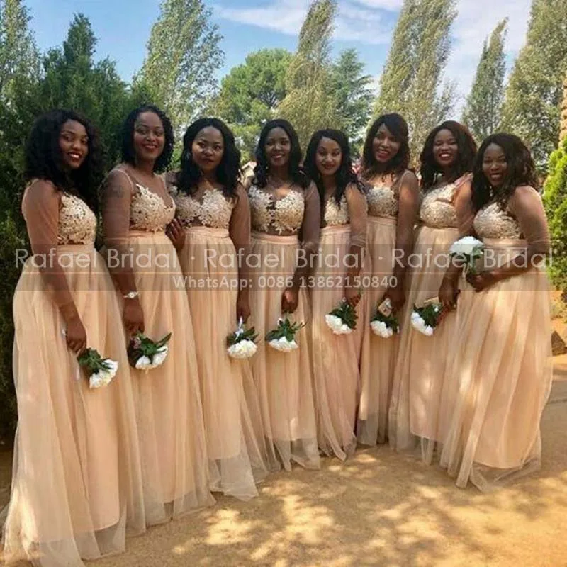 Champagne Appliques Bridesmaid Dresses With Tulle Long Sleeves A Line Sheer Neck Sexy Women Maid Of Honor Dress Party
Champagne Appliques Bridesmaid Dresses With Tulle Long Sleeves A Line Sheer Neck Sexy Women Maid Of Honor Dress Party
