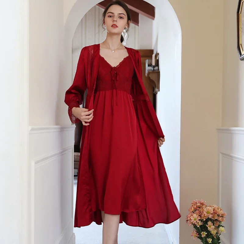 Female Sexy Two Piece Set Suspender Nightdress Long Sleeve Thin Lace Summer Nightgown Red Robe Sets High Sense Night Dress 2pcs
Female Sexy Two Piece Set Suspender Nightdress Long Sleeve Thin Lace Summer Nightgown Red Robe Sets High Sense Night Dress 2pcs