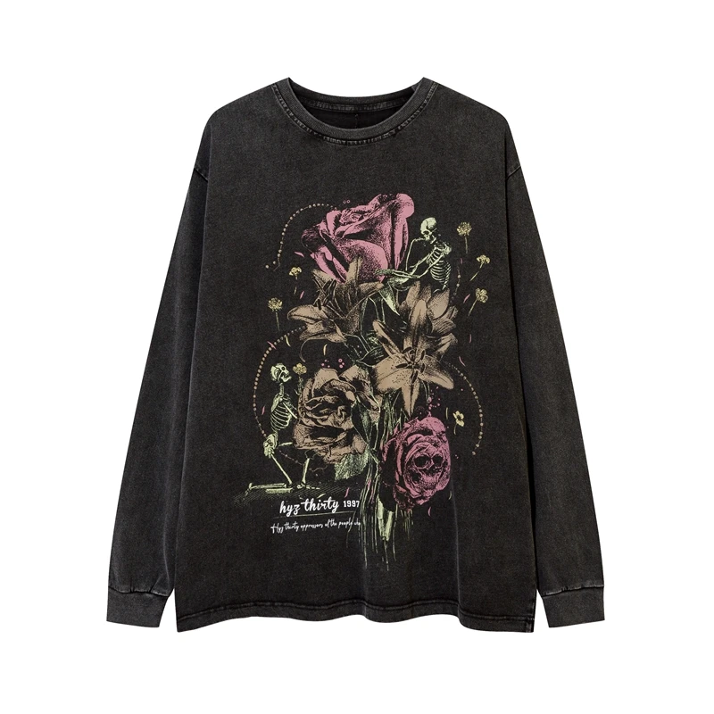 Vintage Oversize Black Distressed Sweatshirt Mens and Womens Skull Flower Printing Baggy Long Sleeve Top Hip Hop Washed Hoodies
Vintage Oversize Black Distressed Sweatshirt Mens and Womens Skull Flower Printing Baggy Long Sleeve Top Hip Hop Washed Hoodies