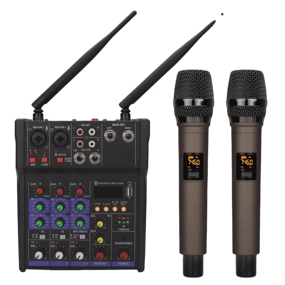professional built-in 48V phantom power 4 channel usb audio mixer console with 2pcs wireless microphone for speaker 
professional built-in 48V phantom power 4 channel usb audio mixer console with 2pcs wireless microphone for speaker
