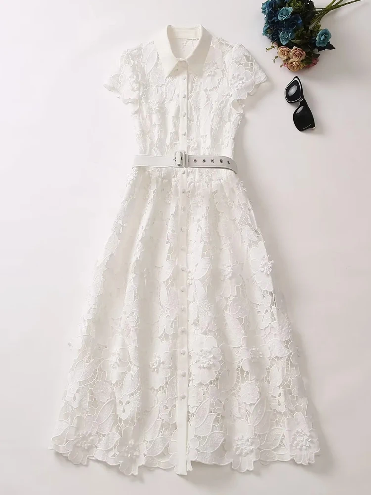 

Runway Hollow Embroidery White Lace Dress for Women 2023 Summer Party Holiday Vestidos Elegant Sinlge Breasted Midi Robes