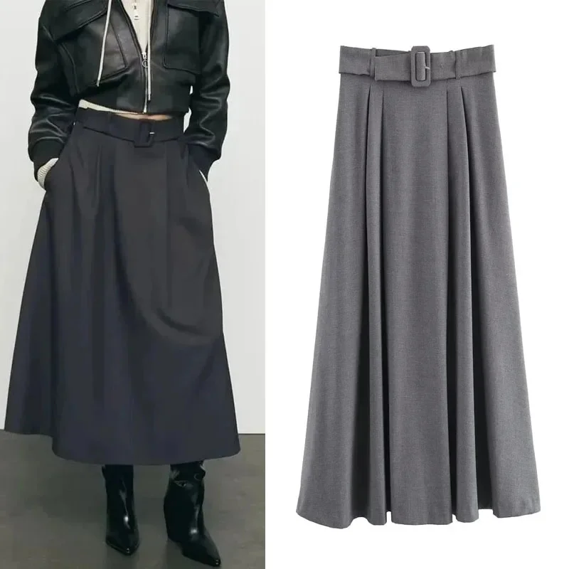 

TRAF Belted Grey Midi Cape Skirt For Woman 2023 Autumn New Draped Hem Long Skirts Side Pockets Zip Woman's Loose A-Line Skirt