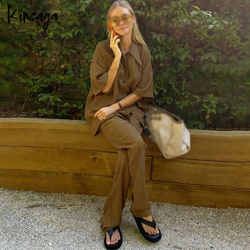 French Style Half Sleeve Shirts Wide Leg Pleated Trousers Two Piece Set Women Outfits Loose Casual Single Breasted Blouse Suits
French Style Half Sleeve Shirts Wide Leg Pleated Trousers Two Piece Set Women Outfits Loose Casual Single Breasted Blouse Suits