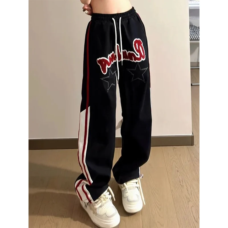 

MEXZT Streetwear Striped Sweatpants Women Y2K Letter Print Oversize Joggers Harajuku Vintage Embroidery Baggy Wide Leg Trousers