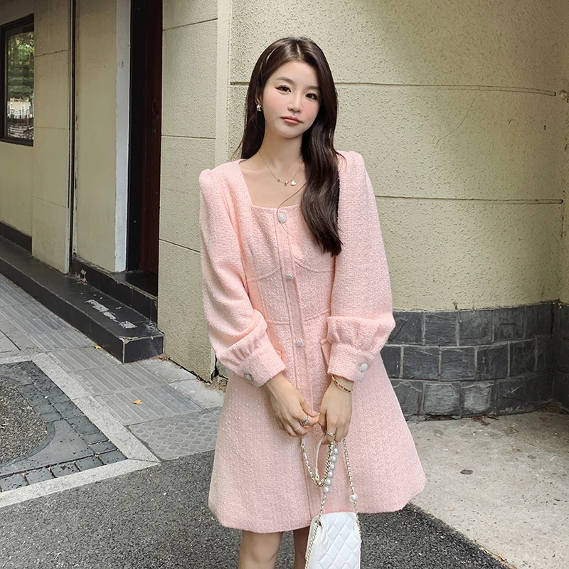 

Женское платье средней длины, Элегантное повседневное приталенное розовое платье с длинным рукавом и квадратным вырезом для девушек, модель 2023 в Корейском стиле на осень, 8916