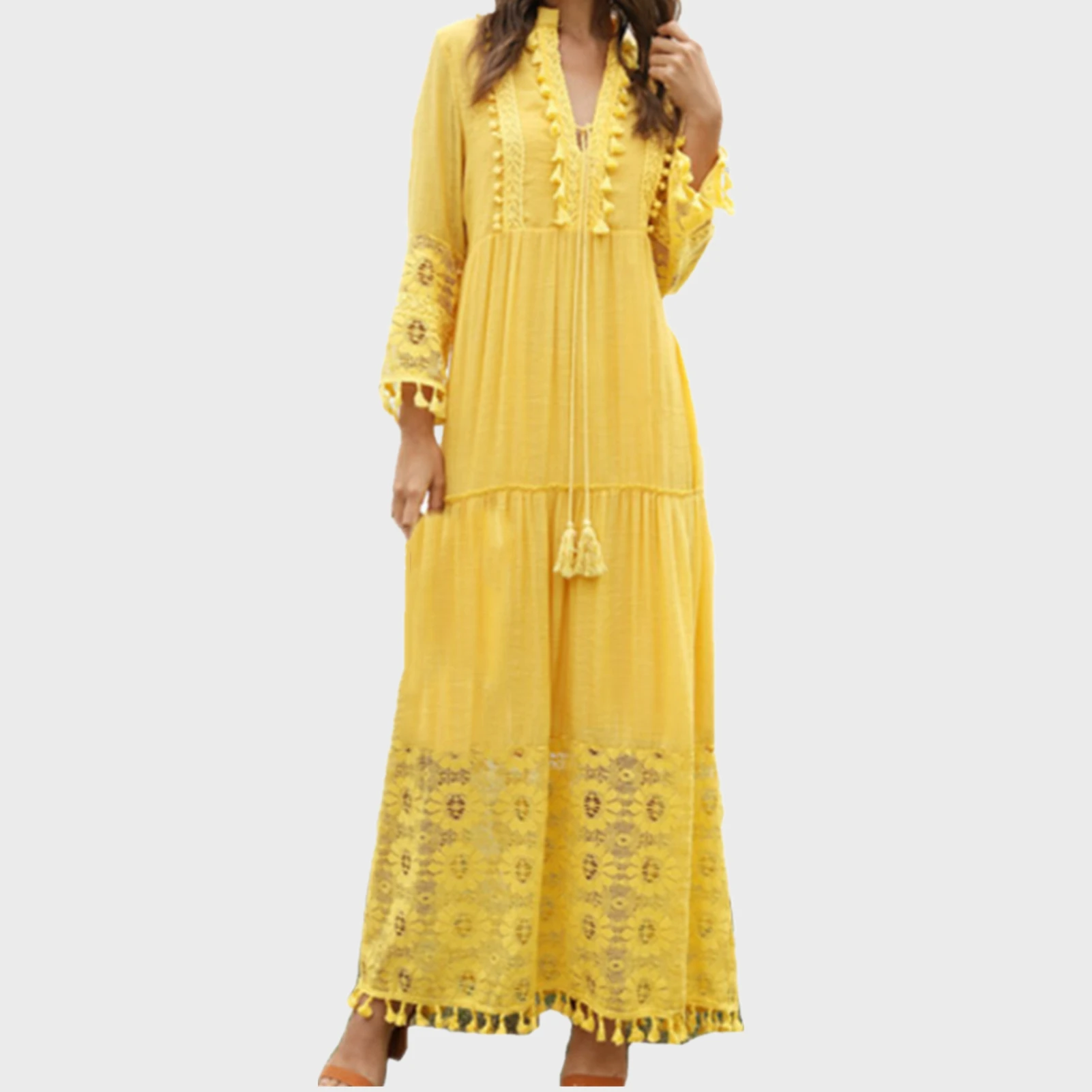 Women Summer Party Dresses Casual Boho Maxi Dress Long Sleeve V-Neck Solid Color Lace Robe Tassel Beach Dresses
Women Summer Party Dresses Casual Boho Maxi Dress Long Sleeve V-Neck Solid Color Lace Robe Tassel Beach Dresses