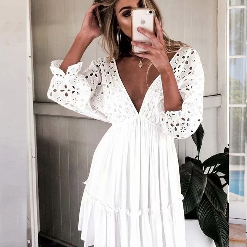 Beach Ruffled Dress Autumn New Vintage Cotton Women Sweet White Lace Stitching Dress Sexy Deep V-neck Short Mini Dresses Female
Beach Ruffled Dress Autumn New Vintage Cotton Women Sweet White Lace Stitching Dress Sexy Deep V-neck Short Mini Dresses Female