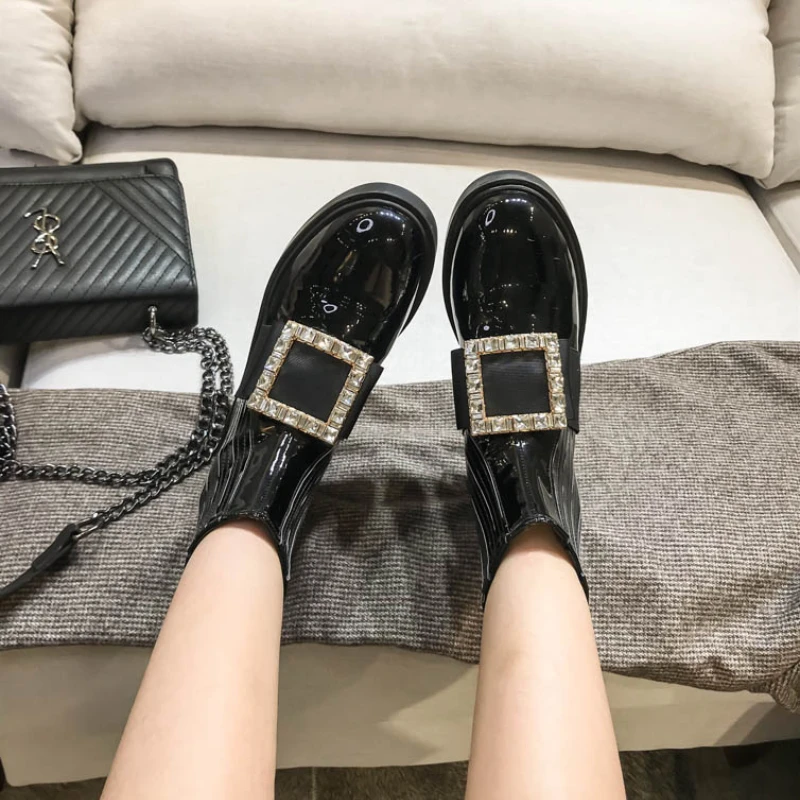 

Patent Leather Chelsea Martin Boots British Style Rhinestone Square Buckle Flat Spring and Autumn Short Boots Women