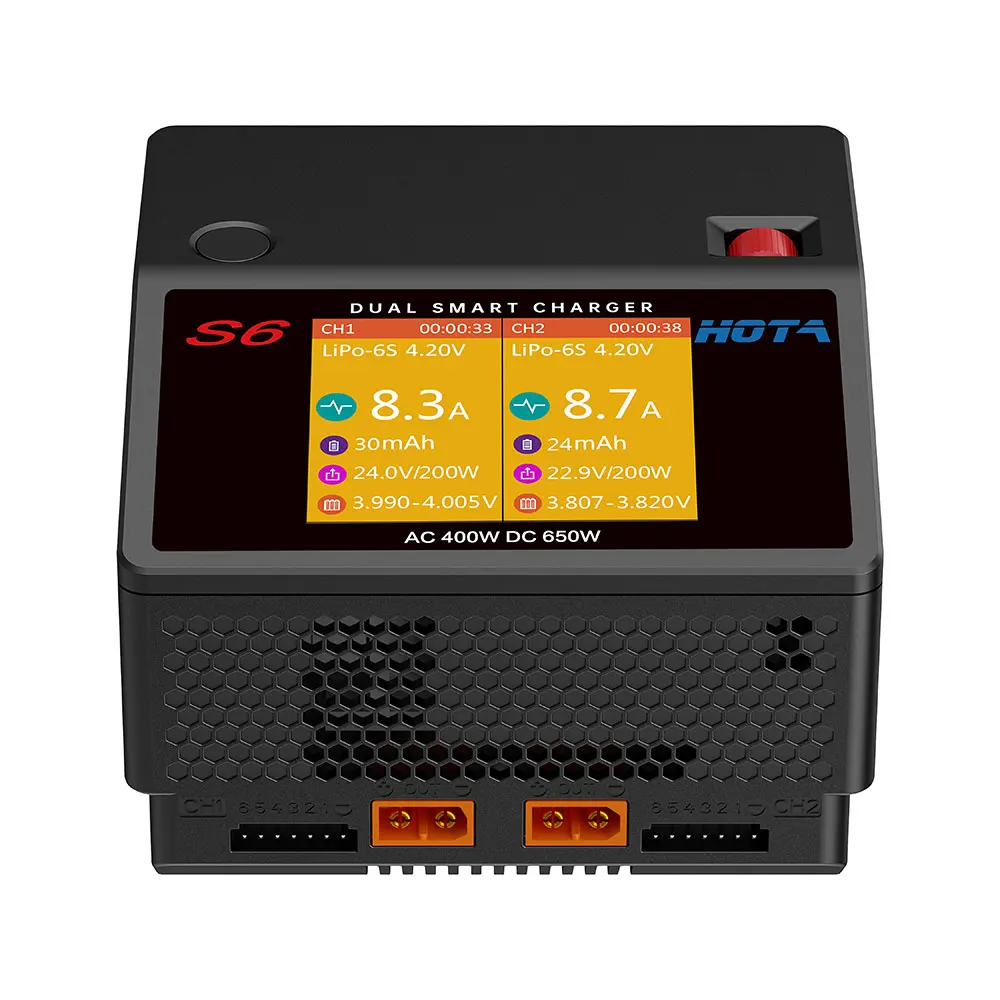 HOTA S6 AC 400W DC 325W*2 15A*2 Dual Channel Lipo Charger for 1-6S LiHv/LiPo/LiFe/Lilon Battery
HOTA S6 AC 400W DC 325W*2 15A*2 Dual Channel Lipo Charger for 1-6S LiHv/LiPo/LiFe/Lilon Battery