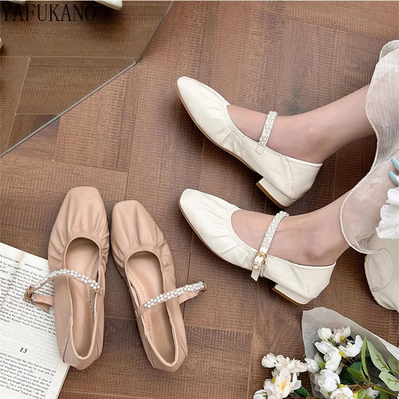 

Faux Pearl Decor Ruched Detail Chunky Heeled Ankle Strap Pumps Retro French Mary Janes Shoes Soft Leather Low Heel High Heels