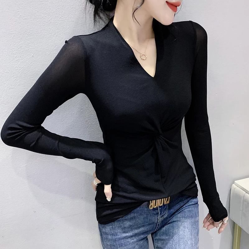 2023 Spring Summer European Clothes Solid T-Shirt Chic Sexy V-Neck Women's Tops long Sleeve Casual Elastic Slim Black Tees 32172
2023 Spring Summer European Clothes Solid T-Shirt Chic Sexy V-Neck Women's Tops long Sleeve Casual Elastic Slim Black Tees 32172