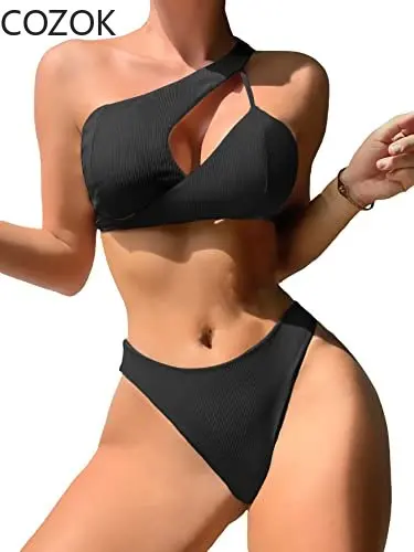 

Women Cutout One Shoulder Bikini Ribbed Cheeky High Cut Thong Two Piece Swimsuits