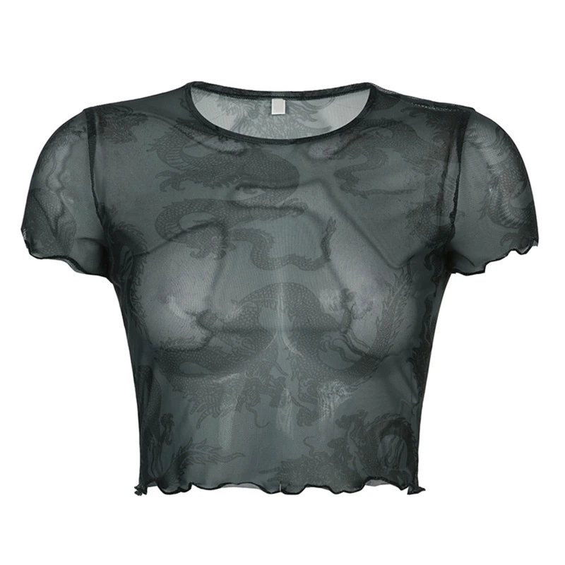 Women Summer Short Sleeve See Through Mesh Crop Top Dark Goth Punk Vintage Dragon Print T-Shirt Ruffles Trim Blouse Tee
Women Summer Short Sleeve See Through Mesh Crop Top Dark Goth Punk Vintage Dragon Print T-Shirt Ruffles Trim Blouse Tee