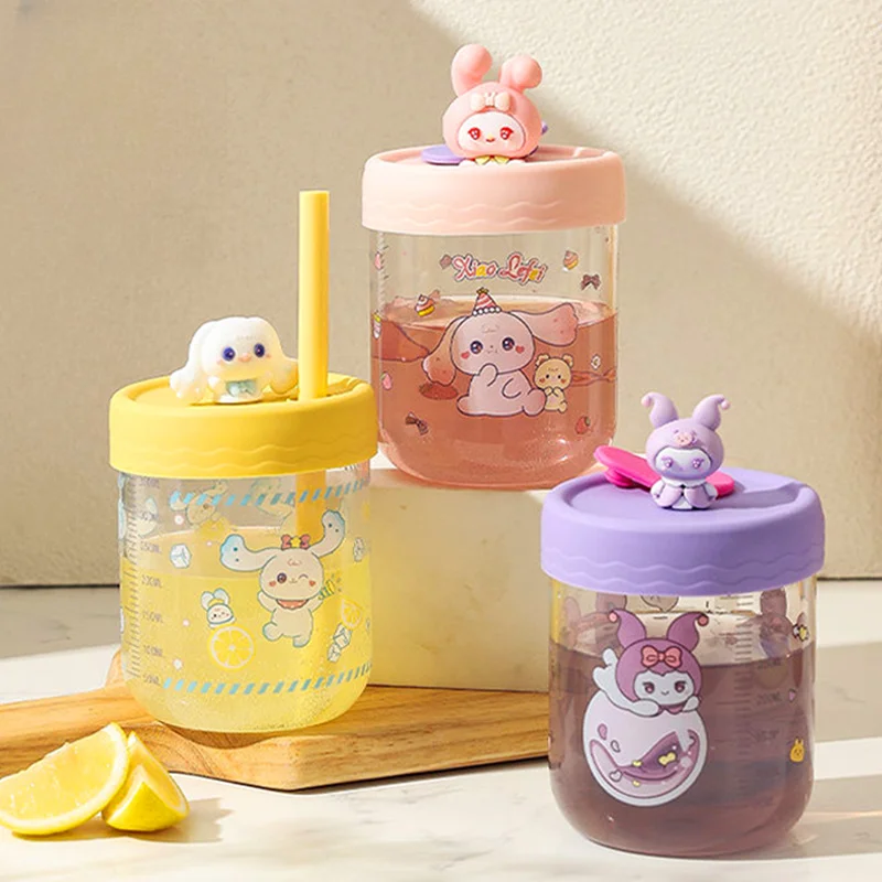 

430ML Cartoon Sanrio My Melody Kuromi Cinnamoroll Glass Cup Sippy Cup Summer Water Cup with Scale Cute Girl Home Milk Coffee Cup