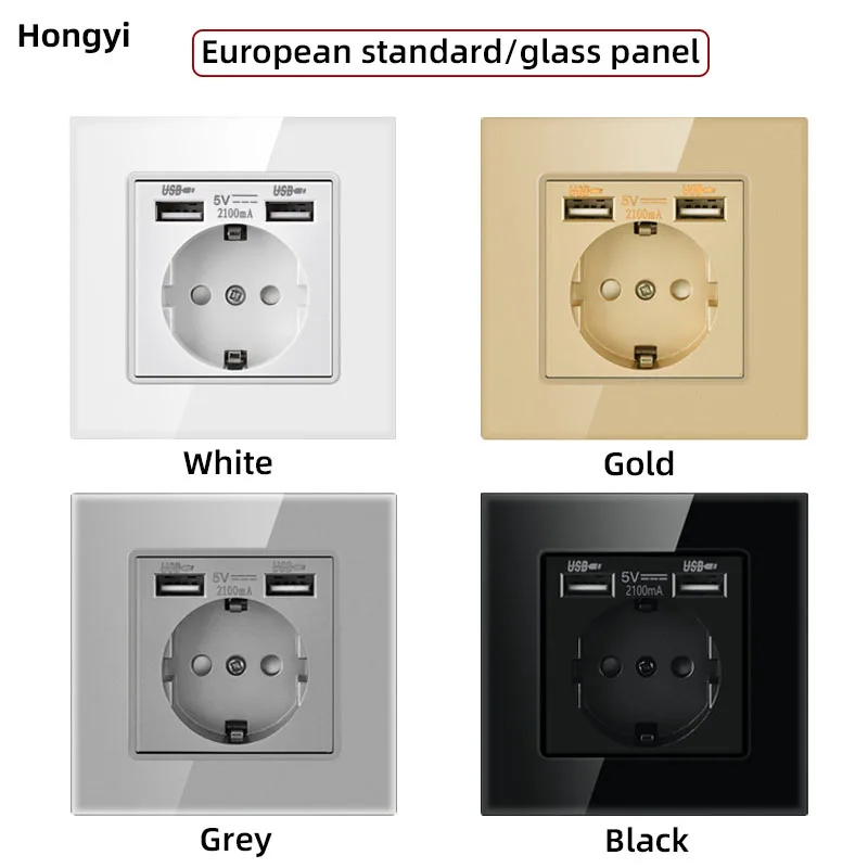 Hongyi EU power socket, plug with 2.1a 16A USB charging port, white black gray gold glass panel, Russian Spanish power socket
Hongyi EU power socket, plug with 2.1a 16A USB charging port, white black gray gold glass panel, Russian Spanish power socket