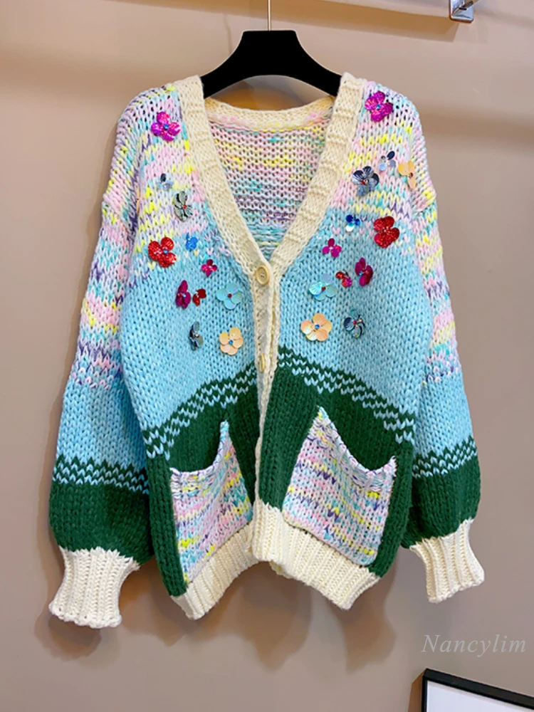Sequined Petal Sweater Cardigan Women's V-neck Spring Autumn Outerwear Loose and Lazy Style Sweater Coat Oversized Cardigans
Sequined Petal Sweater Cardigan Women's V-neck Spring Autumn Outerwear Loose and Lazy Style Sweater Coat Oversized Cardigans