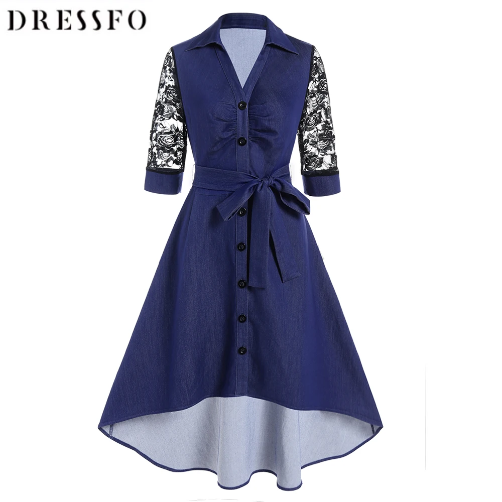 

Dressfo Women Vintage Dresses Flower Lace Panel Belted Turn Down Collar Button-up High Low Midi High Waisted Casual Fashion Dres