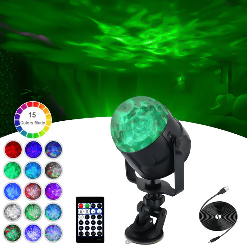 

2022 USB 15 Color Remote Control LED Water Pattern Lamp Flame Ocean Lamp Water Ripple Stage Laser Bar DJ Projector Lamp