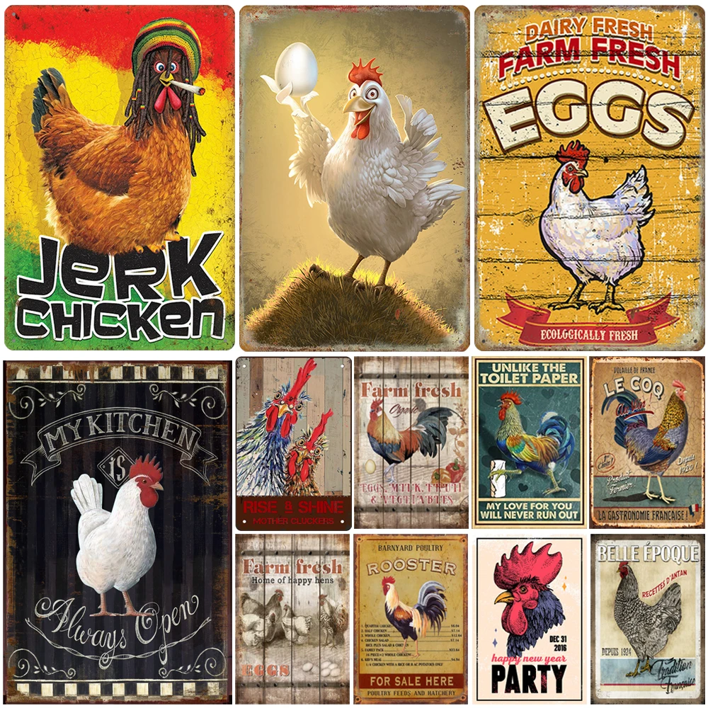 

Chicken Metal Poster Vintage Tin Sign Rooster Hen Retro Plaque Plate Farmhouse Farm Wall Decor Retro Metal Poster Plaque