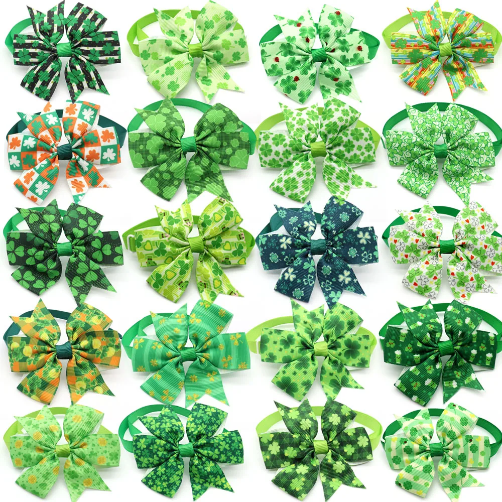 

30/50 Pcs St Patrick's Day Bow Ties for Dogs Collar Grooming Accessories Green Clover Pattern Dog Bow Tie Necktie Pet Supplies