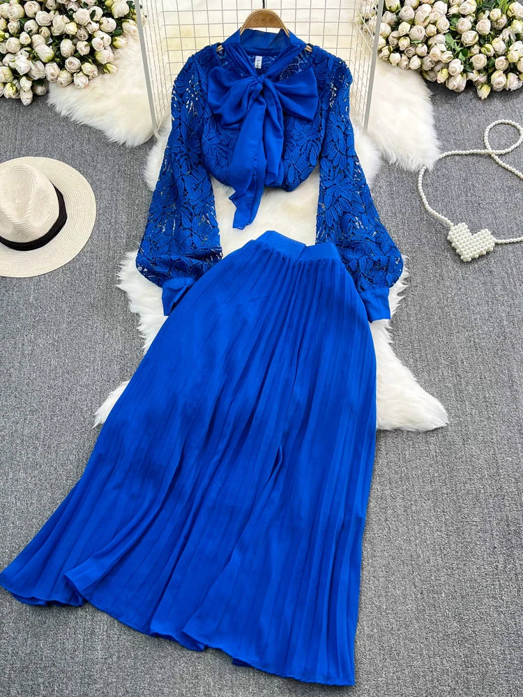 Autumn Women Red/Blue/Purple Two Piece Set Female Bow Collar Lace Embroidered Blouse + High Waist Draped Chiffon Skirt Suit New
Autumn Women Red/Blue/Purple Two Piece Set Female Bow Collar Lace Embroidered Blouse + High Waist Draped Chiffon Skirt Suit New