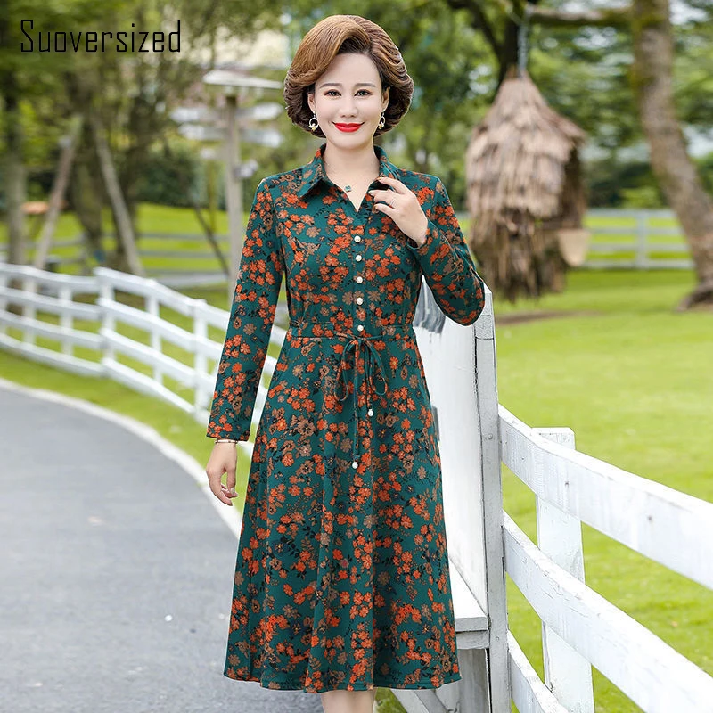Floral Printed Lace Up Middle Aged Women Knee-Length Dress Ladies Full Sleeve Polo Neck A-line Vestido Autumn Mother's Robes
Floral Printed Lace Up Middle Aged Women Knee-Length Dress Ladies Full Sleeve Polo Neck A-line Vestido Autumn Mother's Robes