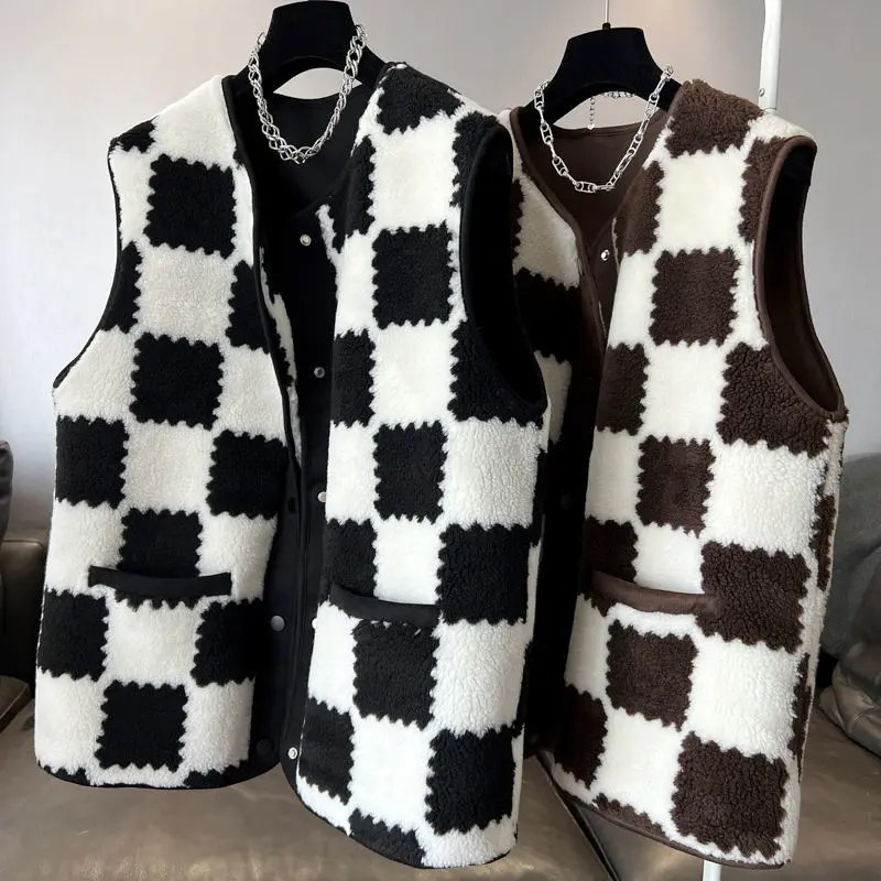 

2022 New Arrival Autumn Women Loose Casual O-neck Single Breasted Outerwear & Coats Sleeveless Plaid Pockets Design Vest P760