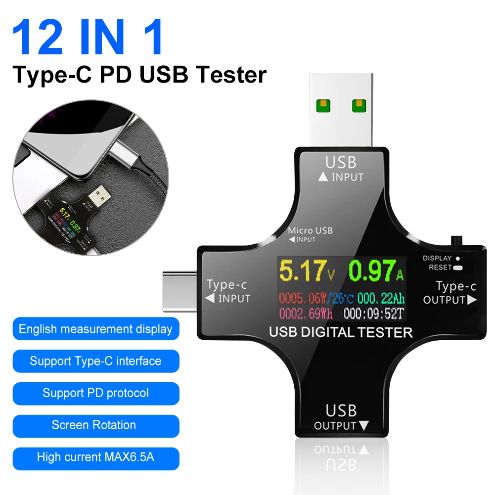 12In1 Type-C PD USB Tester DC Digital Voltmeter Amperimetor Voltage Current Meter Ammeter Detector Power Bank Charger Indicator
12In1 Type-C PD USB Tester DC Digital Voltmeter Amperimetor Voltage Current Meter Ammeter Detector Power Bank Charger Indicator