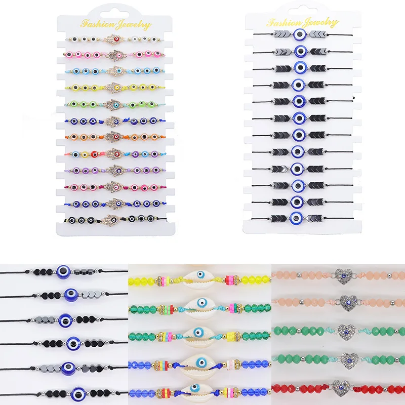 12pcs/lot Crystal Heart Hand Shell Turkey Evil Eye Braided Beads Rope Bracelets For Women Girls Lucky Jewelry Adjustable
12pcs/lot Crystal Heart Hand Shell Turkey Evil Eye Braided Beads Rope Bracelets For Women Girls Lucky Jewelry Adjustable