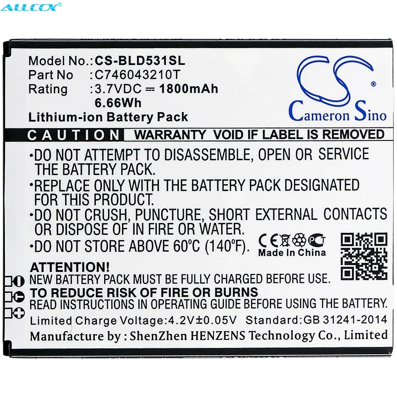 Cameron Sino 1800mAh Battery C746043210T,C746043230T for BLU D530K,D531K,Studio 5.0K
Cameron Sino 1800mAh Battery C746043210T,C746043230T for BLU D530K,D531K,Studio 5.0K