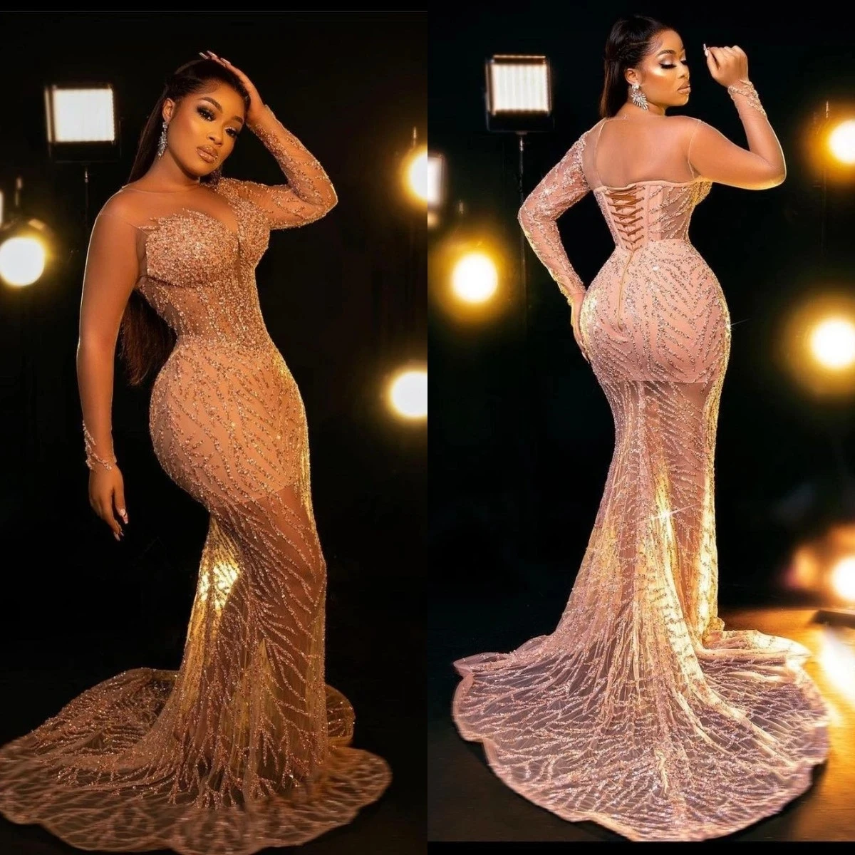 Sparkle Beaded Lace Evening Dresses Sheer Long Sleeves Mermaid Prom Dress for Black Girl Aso Ebi Celebrity Formal Occasion Dress
Sparkle Beaded Lace Evening Dresses Sheer Long Sleeves Mermaid Prom Dress for Black Girl Aso Ebi Celebrity Formal Occasion Dress