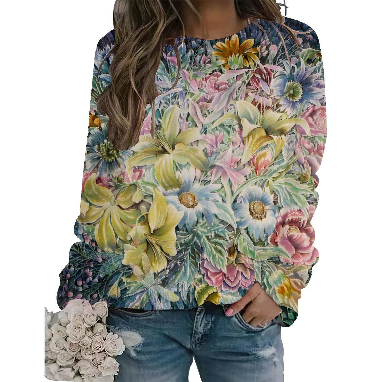 European and American women's pullover round neck long-sleeved sweater 3D floral print top autumn loose bottoming shirt
European and American women's pullover round neck long-sleeved sweater 3D floral print top autumn loose bottoming shirt