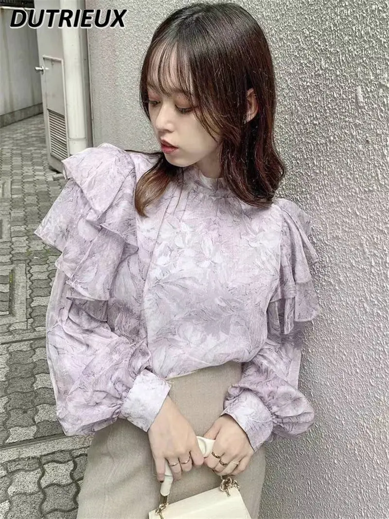 

Spring and Autumn Women's Tops Japanese Style Sweet Lotus Leaf Printing Long Sleeve Shirt Female Bowknot Lady Casual Blouse