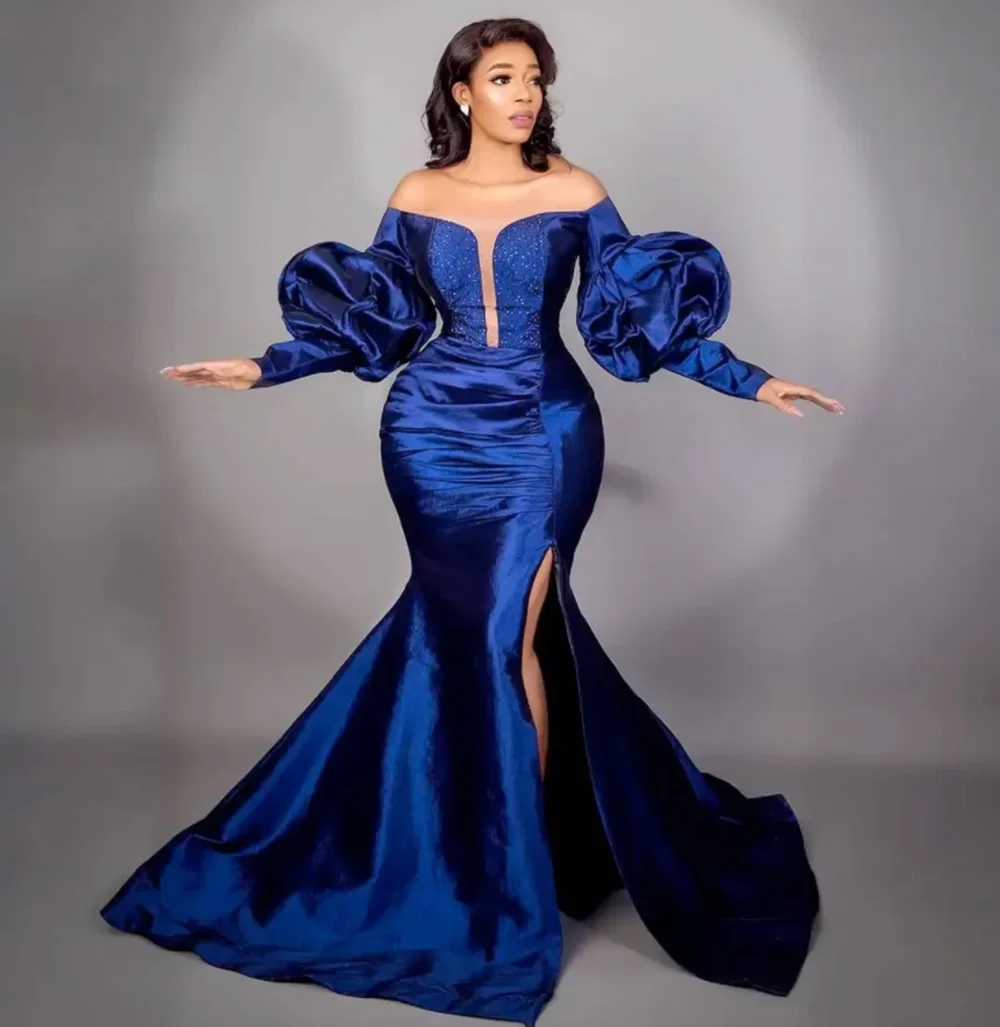 Charming Royal Blue Off-Shoulder Mermaid Prom Party Gown Long Sleeve Floor-Length Sweep Train Beaded Satin long Backless Split
Charming Royal Blue Off-Shoulder Mermaid Prom Party Gown Long Sleeve Floor-Length Sweep Train Beaded Satin long Backless Split
