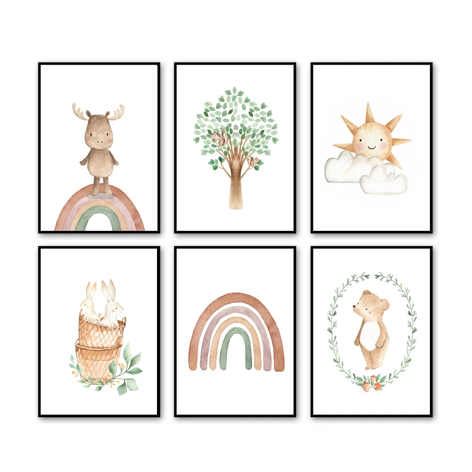 

Boho Cartoon Rainbow Deer Bear Rabbit Sun Cloud Nordic Posters And Prints Wall Art Canvas Painting Pictures Baby Kids Room Decor