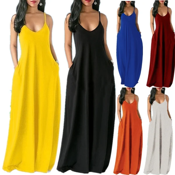 Sexy Solid Maxi Dress Women Summer Casual Sleeveless Strap Long Dress Female Loose V-Neck Pockets Robe Camisole Dress
Sexy Solid Maxi Dress Women Summer Casual Sleeveless Strap Long Dress Female Loose V-Neck Pockets Robe Camisole Dress