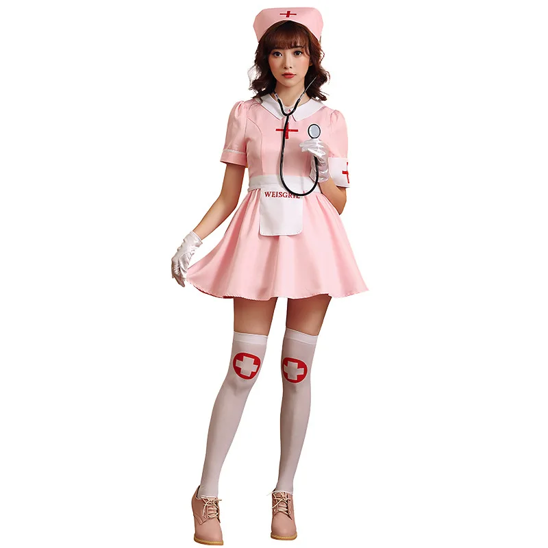 

Костюм медсестры на Хэллоуин, 4 шт., костюм для вечерние, головной убор, платье, фартук, повязка на руку
