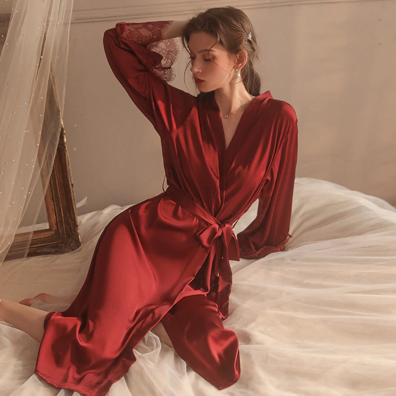 Sexy V-Neck Cardigan silk Women Kimono Robe With Bathrobe Thin Spring Bride Wedding Lingerie Nightgown Rayon Long Home Clothing
Sexy V-Neck Cardigan silk Women Kimono Robe With Bathrobe Thin Spring Bride Wedding Lingerie Nightgown Rayon Long Home Clothing