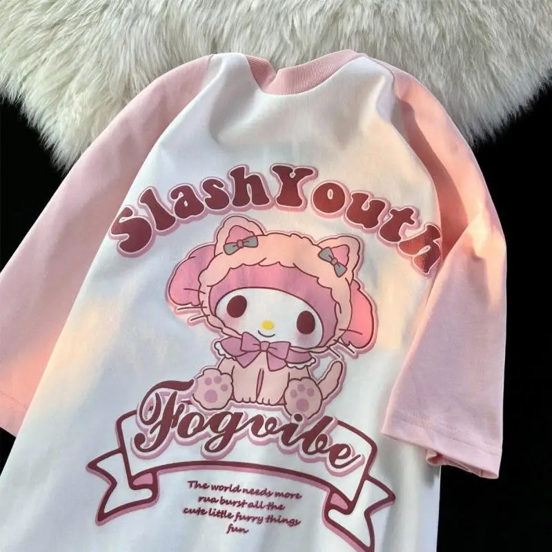Kuromi Cinnamoroll My Melody Kawaii, Детская летняя футболка для девочек с милым рисунком реглан, свободная хлопковая футболка с коротким рукавом и принтом 
Kuromi Cinnamoroll My Melody Kawaii, Детская летняя футболка для девочек с милым рисунком реглан, свободная хлопковая футболка с коротким рукавом и принтом